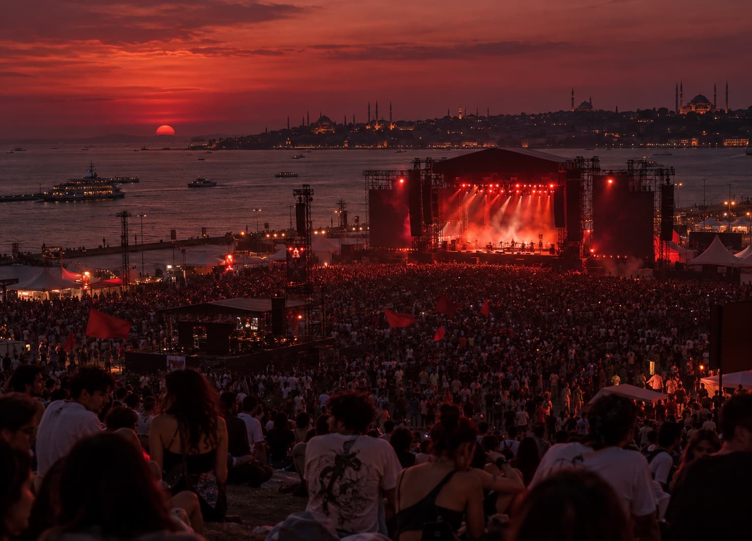 Gün batımında deniz kenarında açık hava festival alanı ve kalabalık