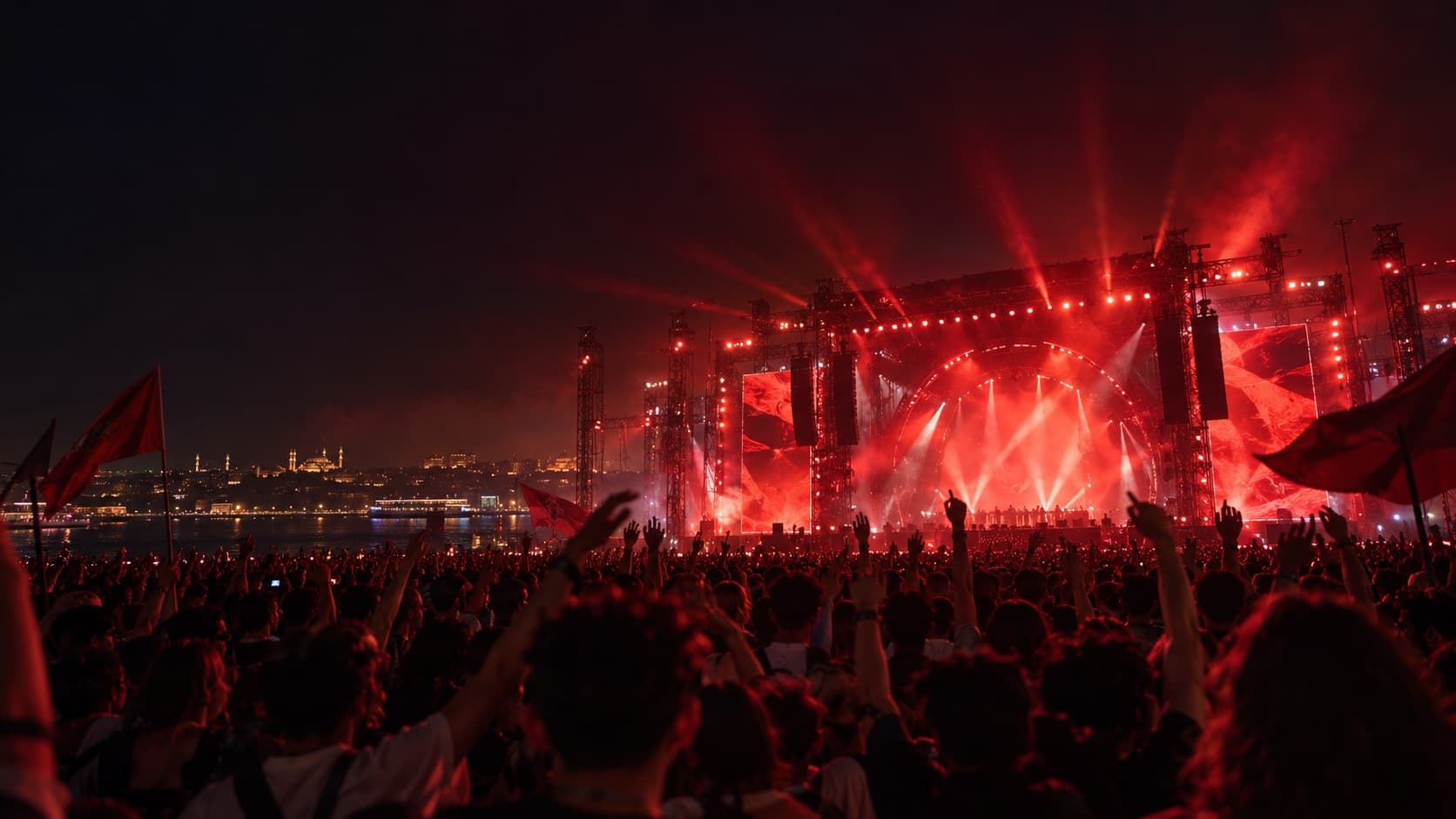 Gece açık hava festival sahnesi ve kalabalık