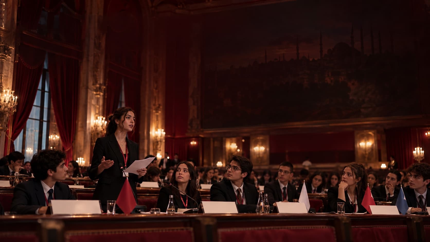 Model United Nations general assembly hall with young delegates